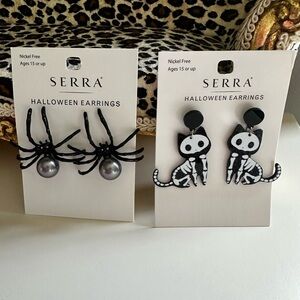 SERRA Black Spider & Skeleton Cat Halloween Earrings